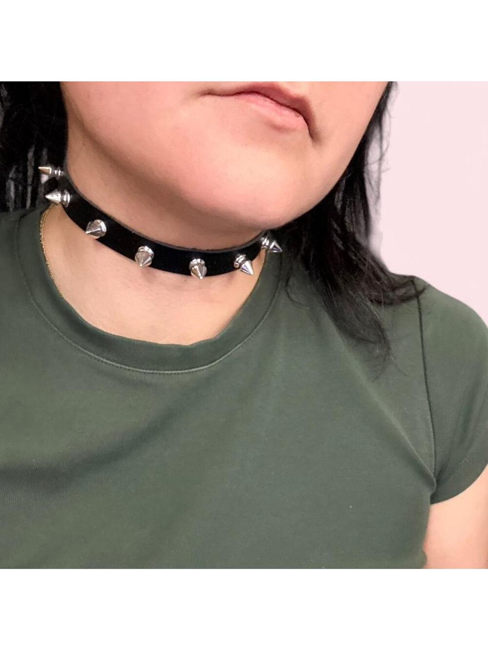 Black faux leather spiked choker with silver cone studs grunge punk goth emo alt